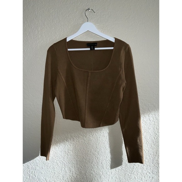 House of Harlow Large Brown Cropped Ribbed Knit Long Sleeve Top - Picture 5 of 12